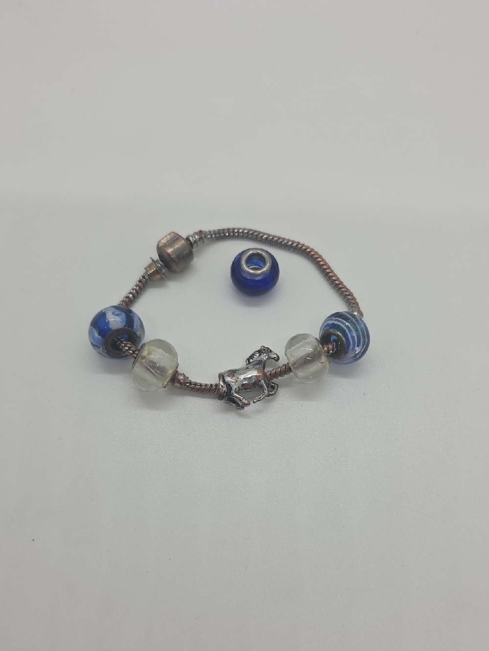 Source Unknown Silver Horse Charm Bracelet with Blue and Clear Beads